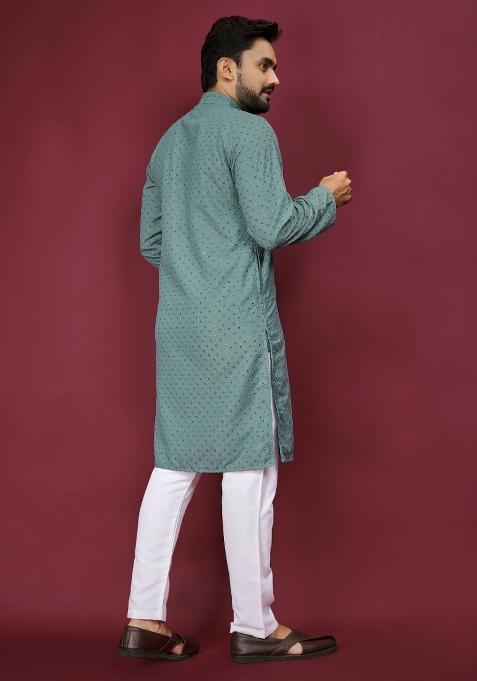 Sea Green Embroidered Cotton Rayon Kurta Pajama Set For Men