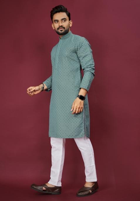 Sea Green Embroidered Cotton Rayon Kurta Pajama Set For Men