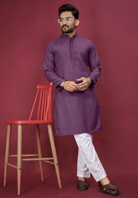 Purple Embroidered Cotton Rayon Kurta Pajama Set For Men