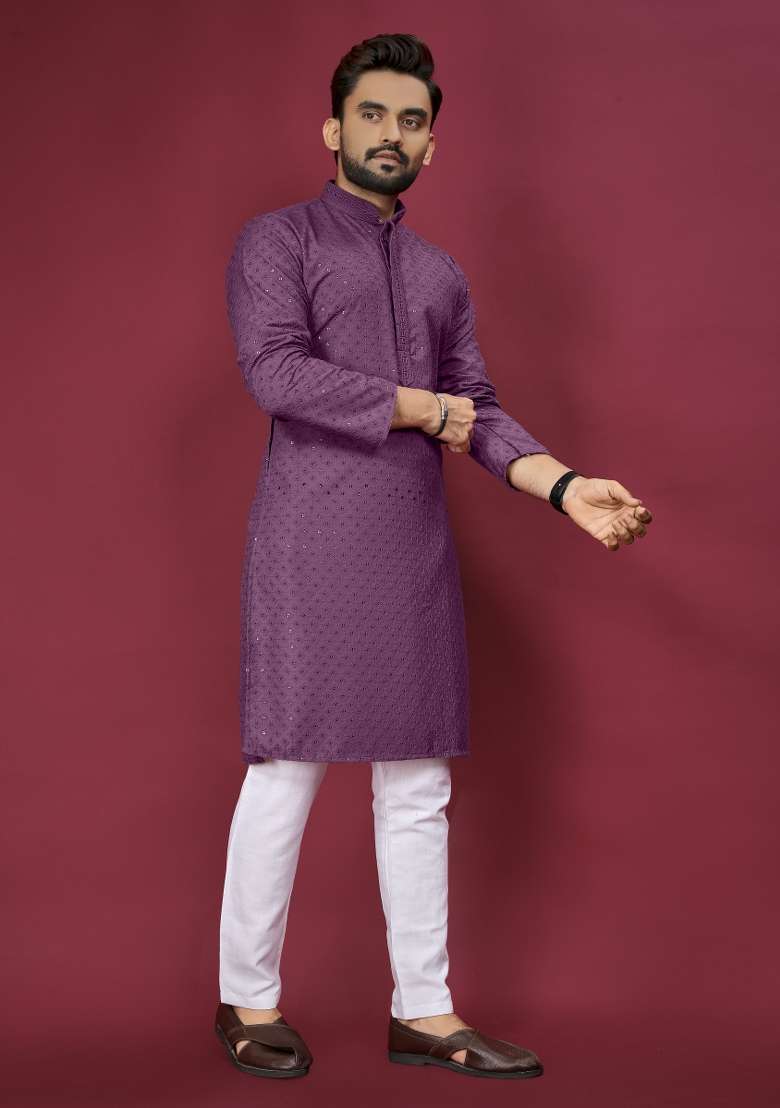 Purple Embroidered Cotton Rayon Kurta Pajama Set For Men - Indya