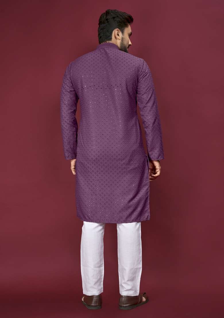Purple Embroidered Cotton Rayon Kurta Pajama Set For Men - Indya