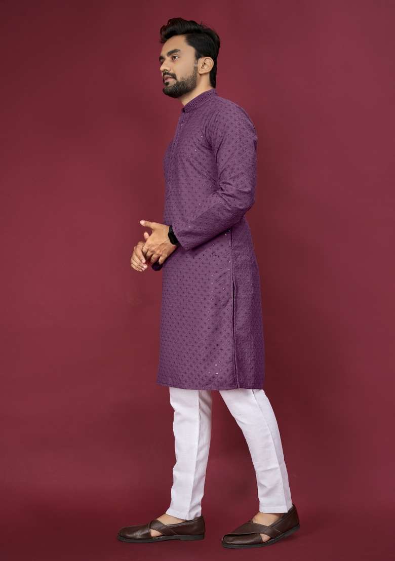 Purple Embroidered Cotton Rayon Kurta Pajama Set For Men - Indya