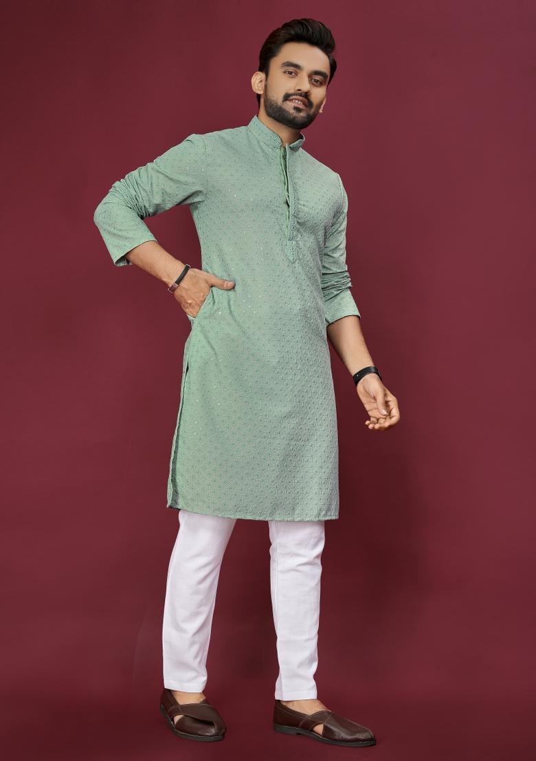 Light Green Embroidered Cotton Rayon Kurta Pajama Set For Men