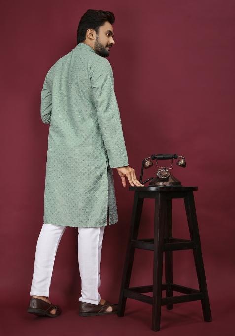 Light Green Embroidered Cotton Rayon Kurta Pajama Set For Men