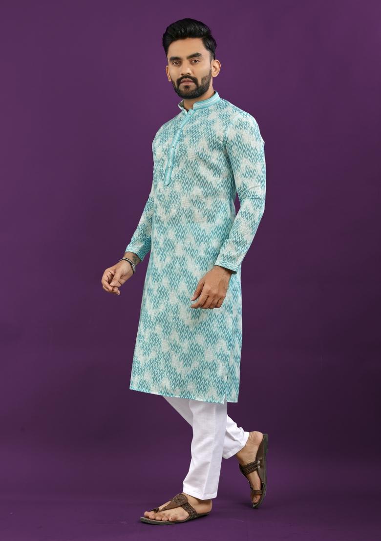 Sky Blue Printed Linen Kurta Pajama Set For Men