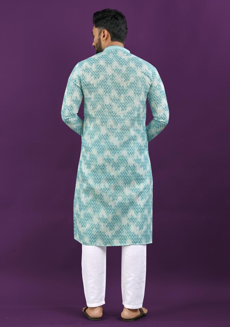 Sky Blue Printed Linen Kurta Pajama Set For Men