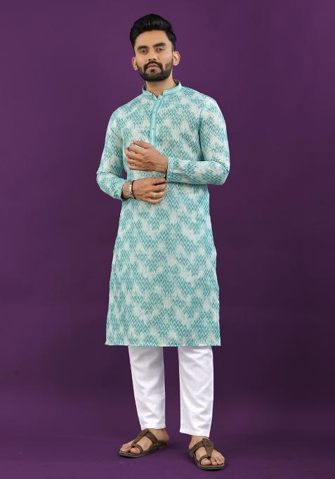 Sky Blue Printed Linen Kurta Pajama Set For Men