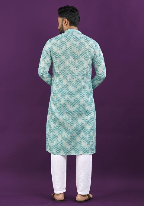 Sky Blue Printed Linen Kurta Pajama Set For Men