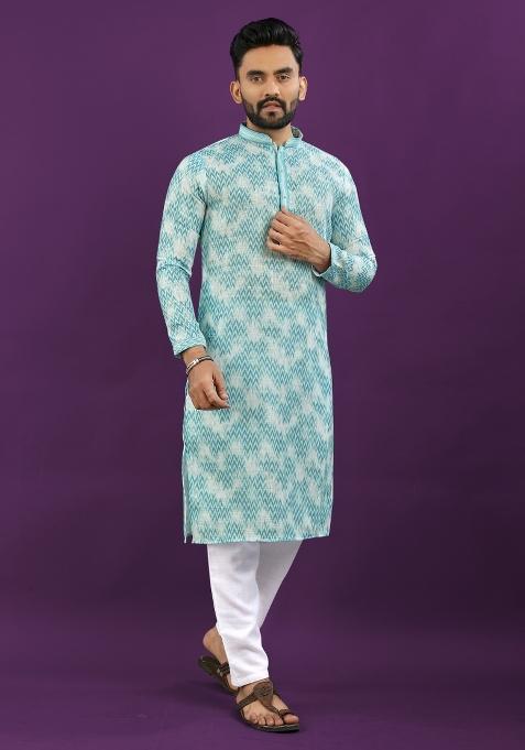 Sky Blue Printed Linen Kurta Pajama Set For Men