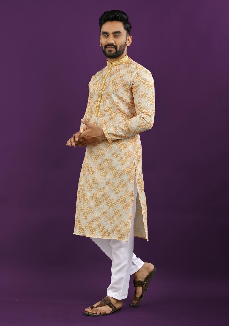 Blue Printed Linen Kurta Pajama Set For Men