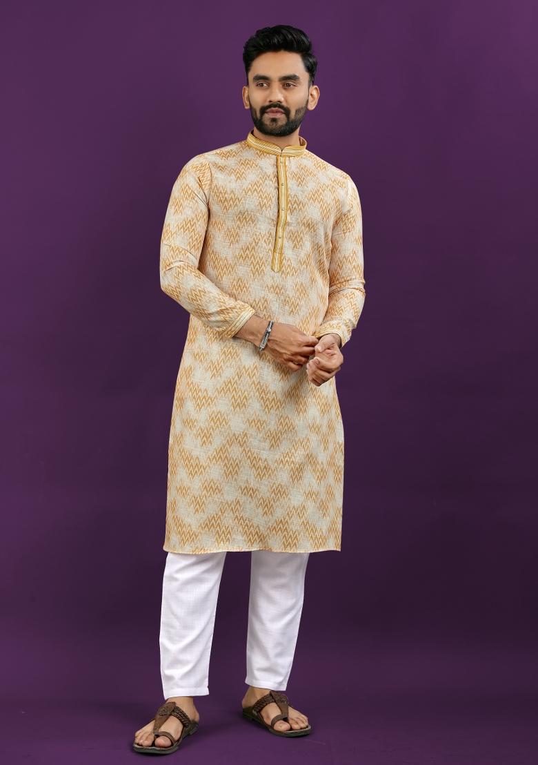 Blue Printed Linen Kurta Pajama Set For Men