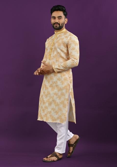 Blue Printed Linen Kurta Pajama Set For Men
