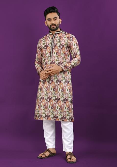 Multicolor Printed Linen Kurta Pajama Set For Men