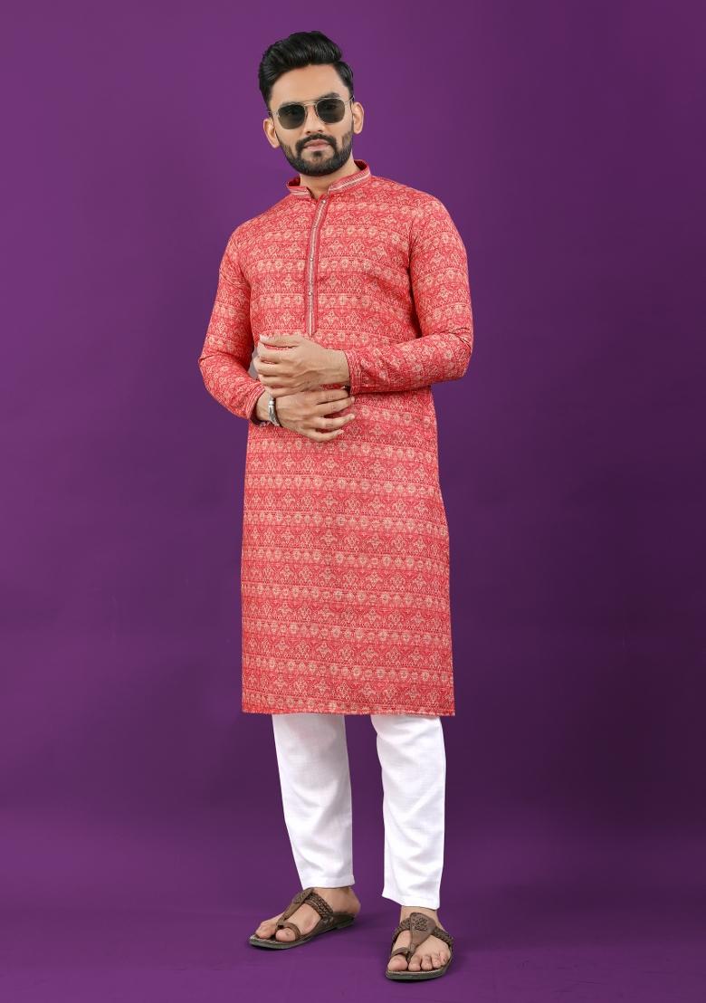 Orange Printed Linen Kurta Pajama Set For Men