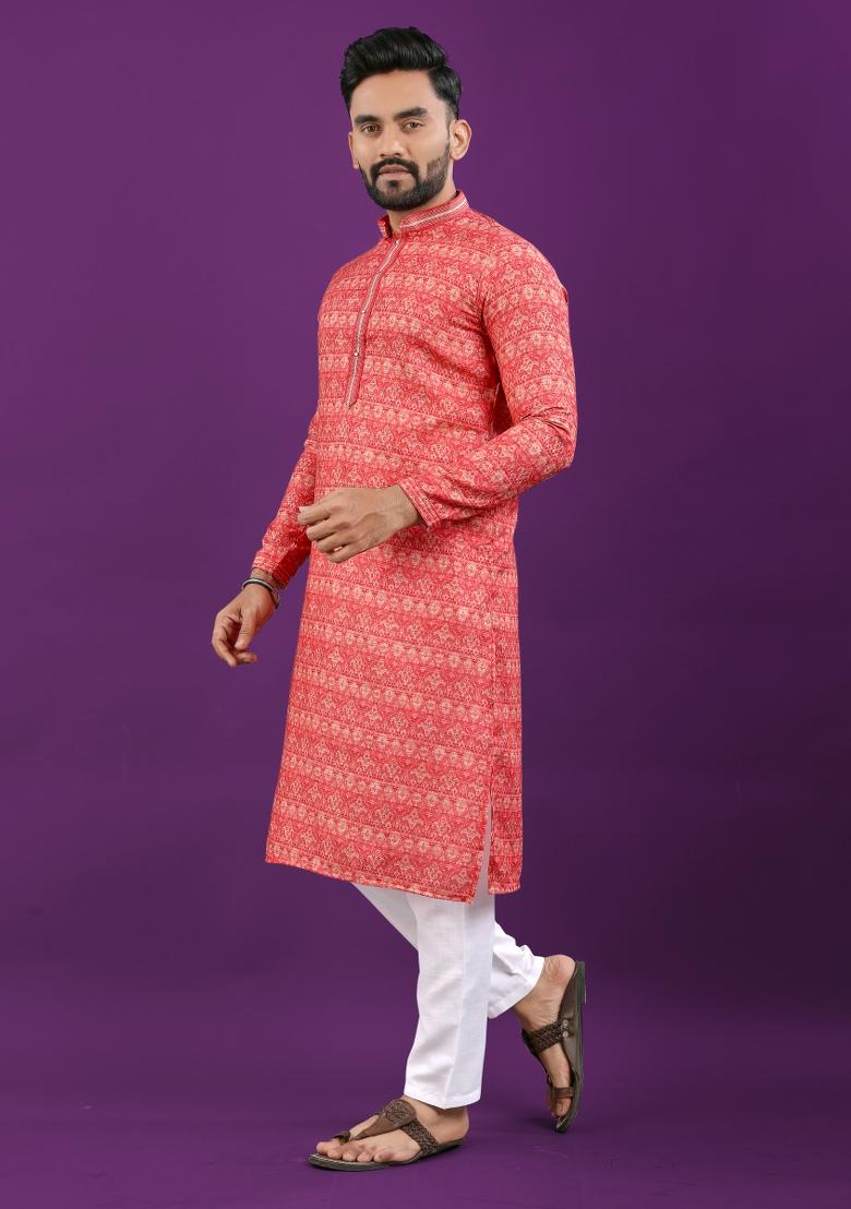 Orange Printed Linen Kurta Pajama Set For Men