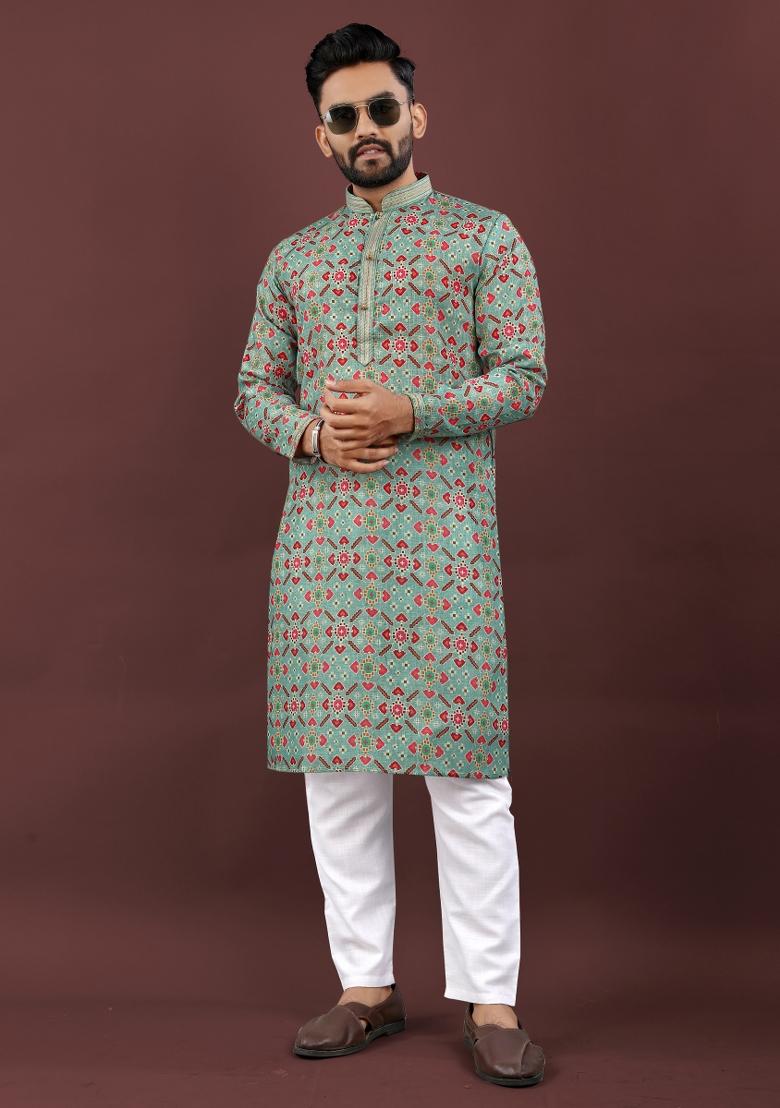 Green Printed Linen Kurta Pajama Set For Men