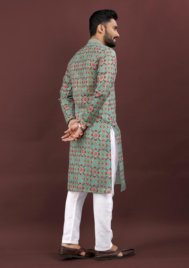 Green Printed Linen Kurta Pajama Set For Men