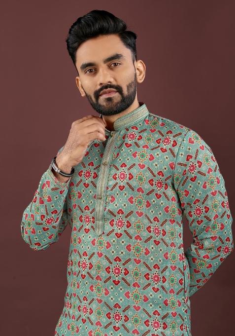 Green Printed Linen Kurta Pajama Set For Men