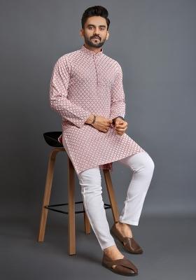 Peach Embroidered Cotton Kurta Pajama Set For Men