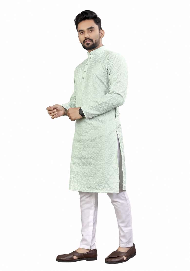 Sky Blue Embroidered Cotton Kurta Pajama Set For Men - Indya
