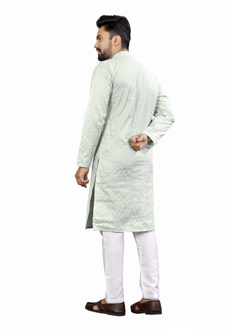 Sky Blue Embroidered Cotton Kurta Pajama Set For Men - Indya