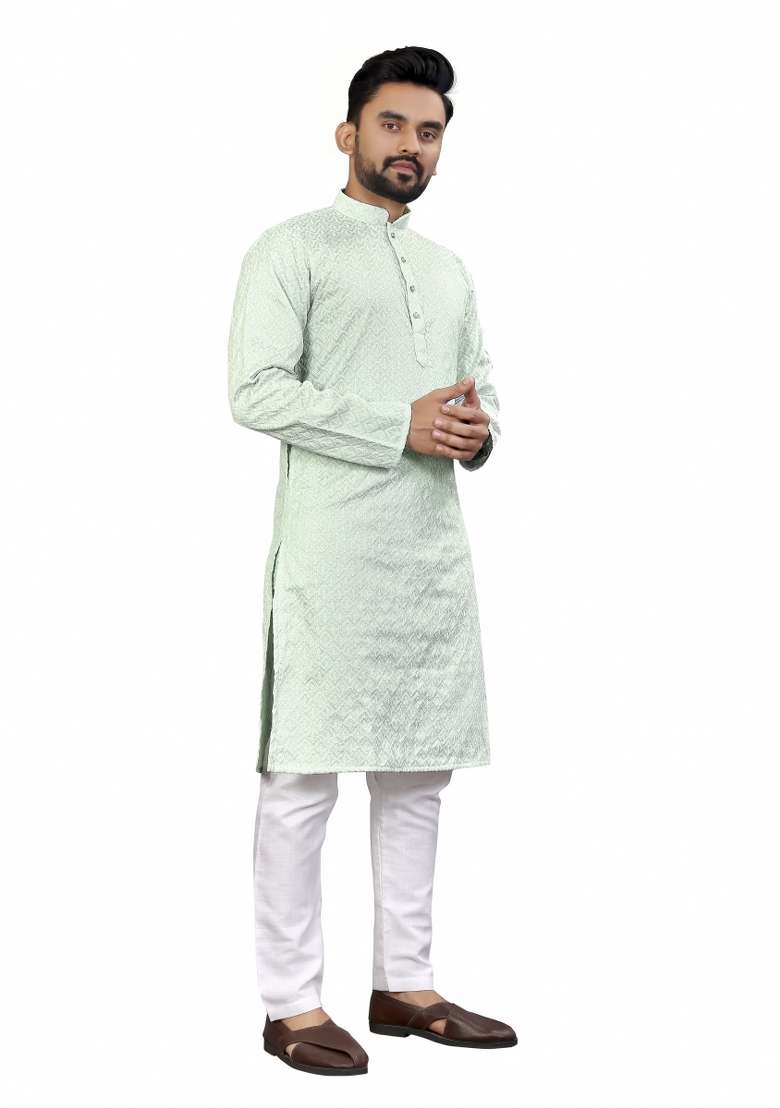 Sky Blue Embroidered Cotton Kurta Pajama Set For Men - Indya