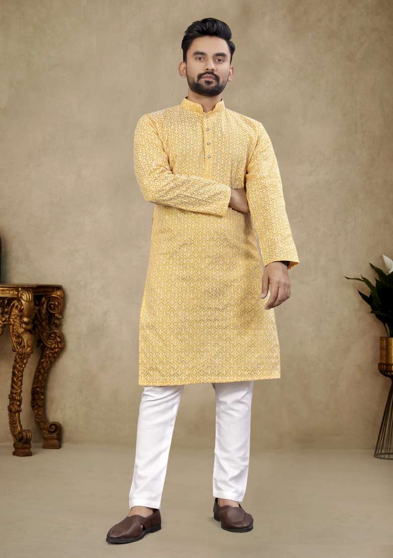 Beige Embroidered Cotton Kurta Pajama Set For Men - Indya