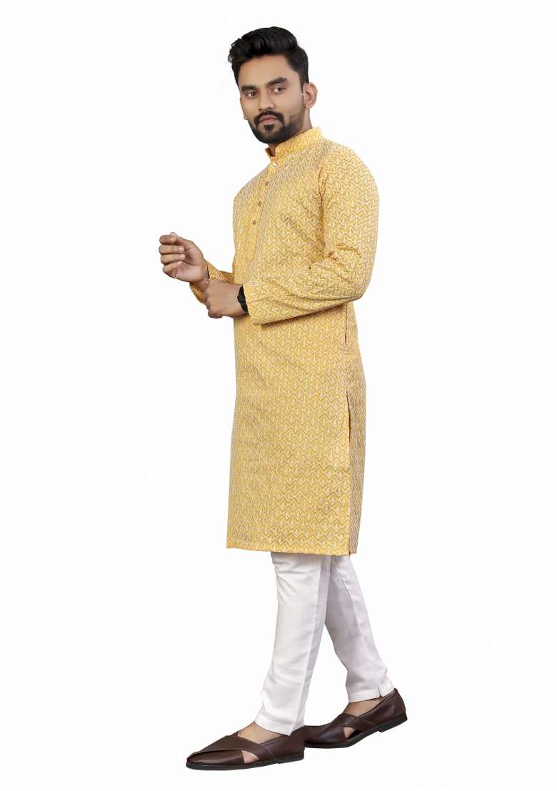 Beige Embroidered Cotton Kurta Pajama Set For Men - Indya