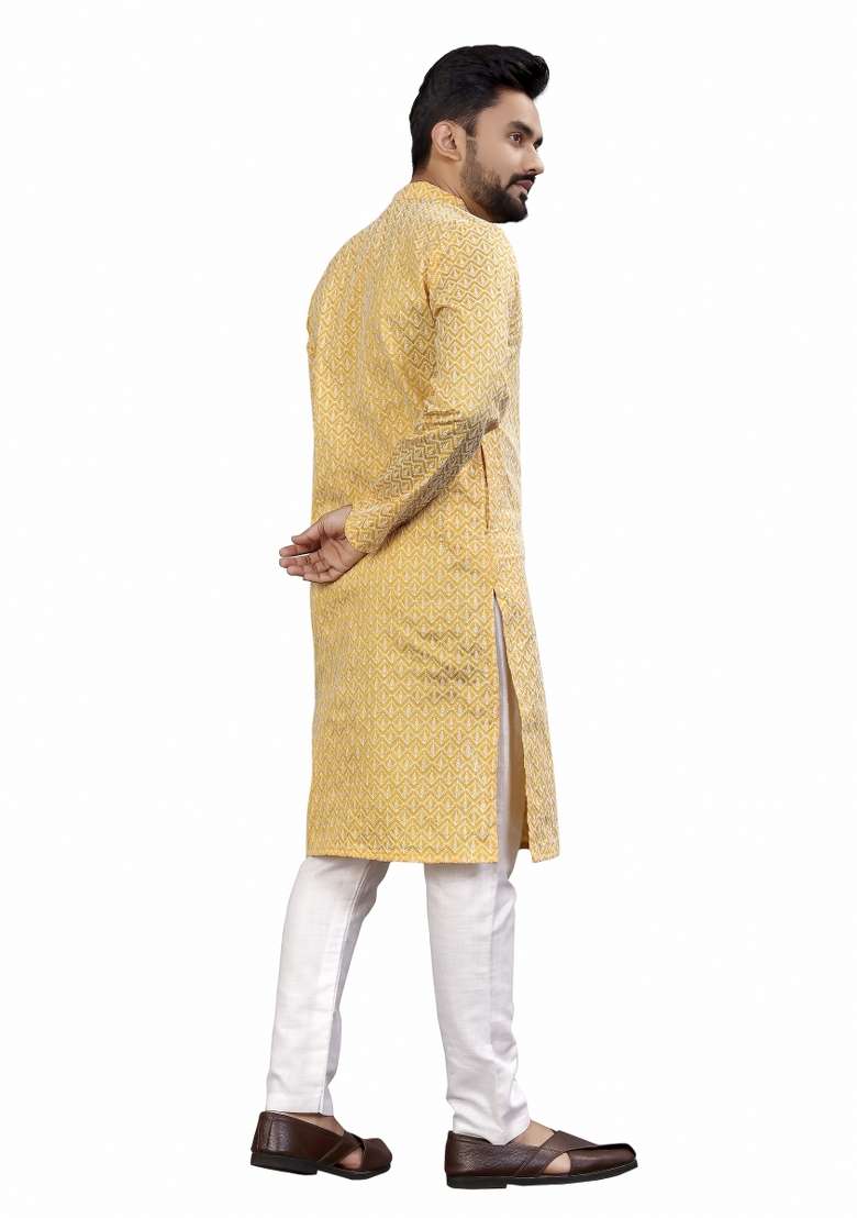 Beige Embroidered Cotton Kurta Pajama Set For Men - Indya