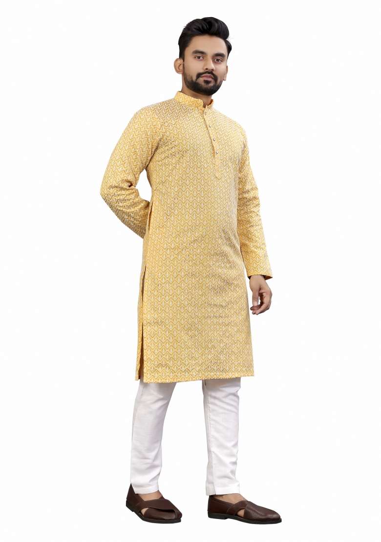 Beige Embroidered Cotton Kurta Pajama Set For Men - Indya