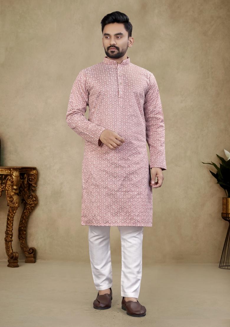Pink Embroidered Cotton Kurta Pajama Set For Men