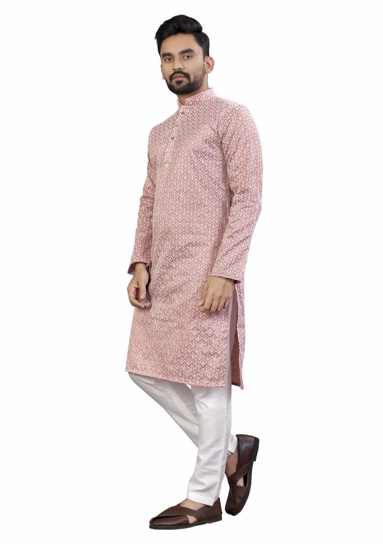 Pink Embroidered Cotton Kurta Pajama Set For Men