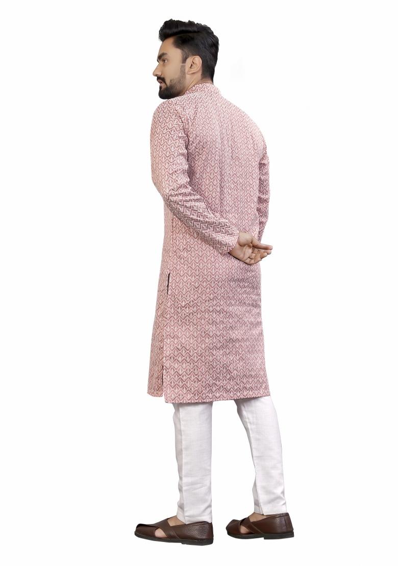 Pink Embroidered Cotton Kurta Pajama Set For Men