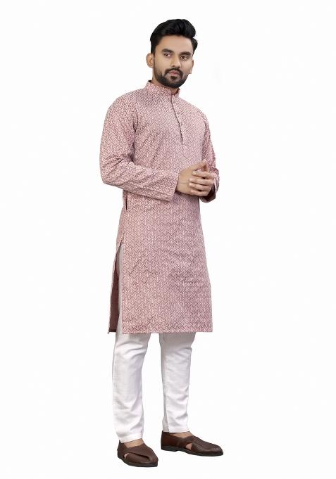 Pink Embroidered Cotton Kurta Pajama Set For Men