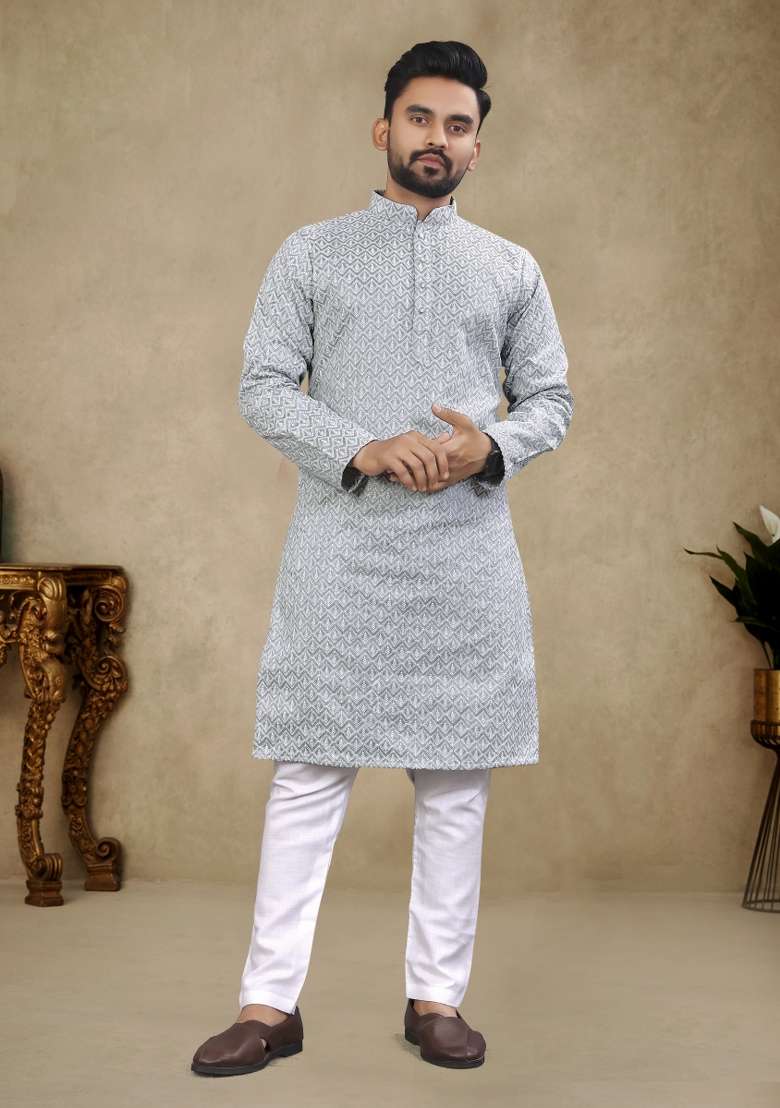 Grey Embroidered Cotton Kurta Pajama Set For Men - Indya