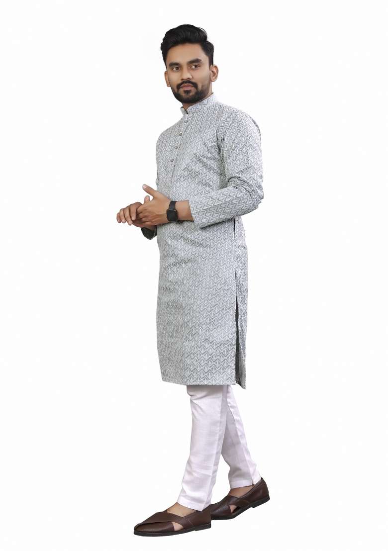 Grey Embroidered Cotton Kurta Pajama Set For Men - Indya