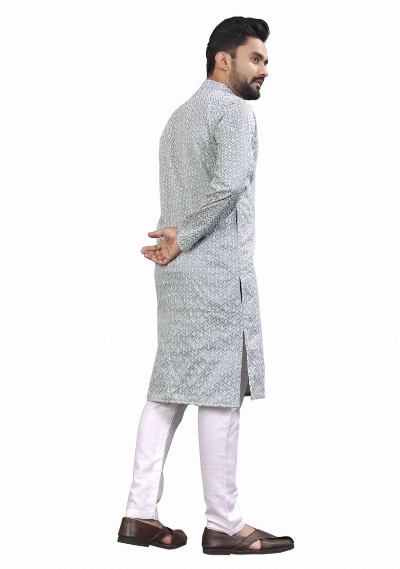 Grey Embroidered Cotton Kurta Pajama Set For Men - Indya