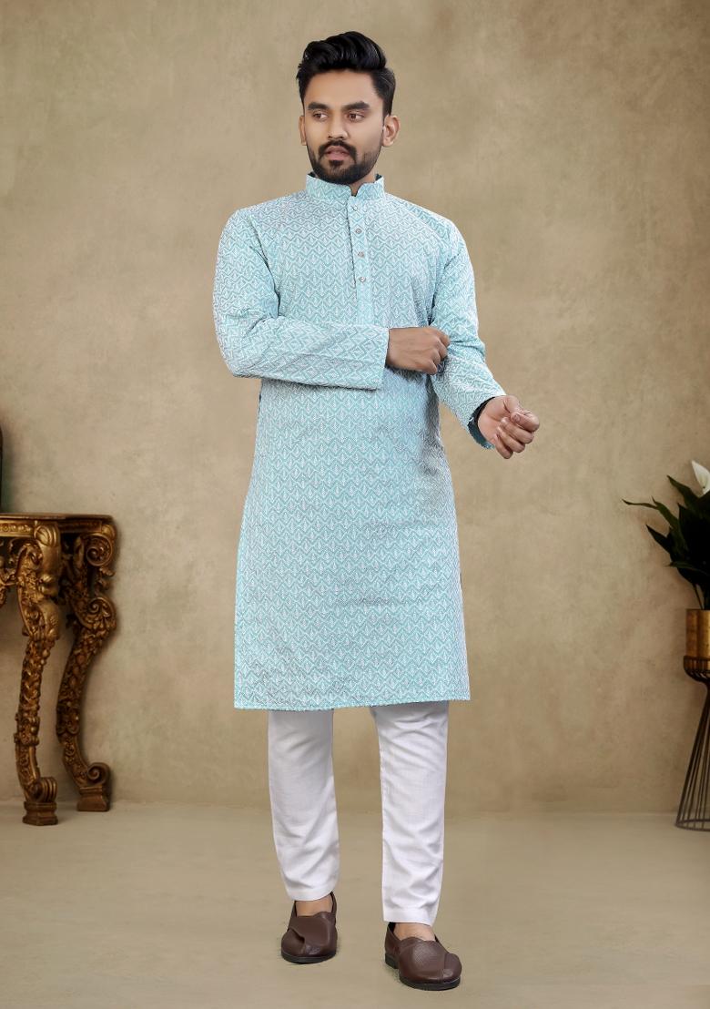 Light Blue Embroidered Cotton Kurta Pajama Set For Men