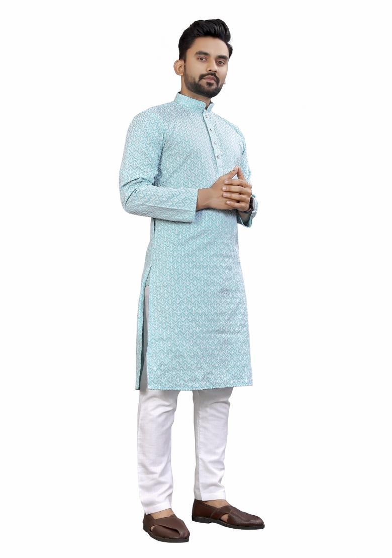 Light Blue Embroidered Cotton Kurta Pajama Set For Men
