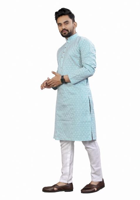 Light Blue Embroidered Cotton Kurta Pajama Set For Men