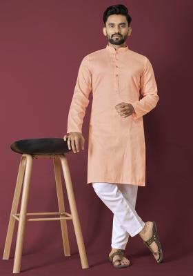 Peach Self Jequard Design Silk Kurta Pajama Set For Men