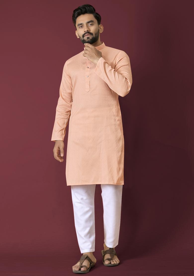 Peach Self Jequard Design Silk Kurta Pajama Set For Men