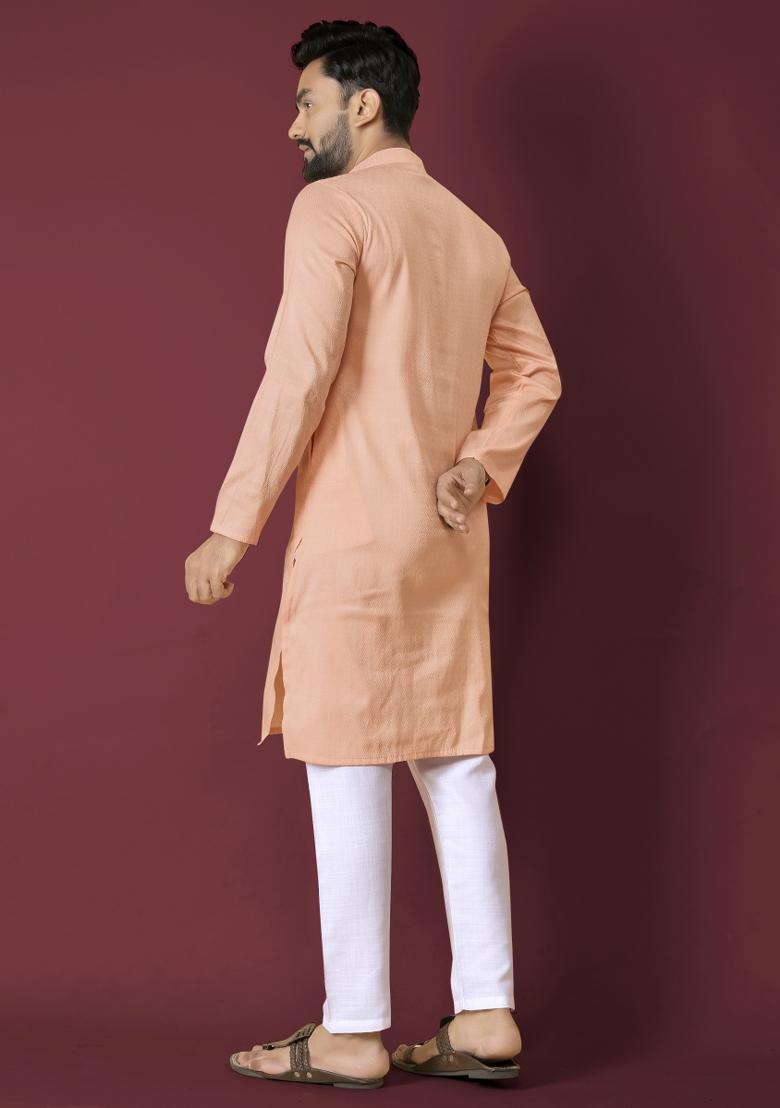 Peach Self Jequard Design Silk Kurta Pajama Set For Men