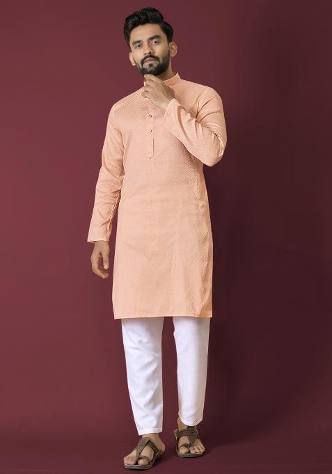 Peach Self Jequard Design Silk Kurta Pajama Set For Men