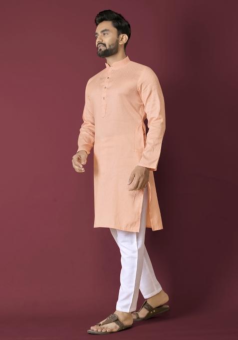 Peach Self Jequard Design Silk Kurta Pajama Set For Men