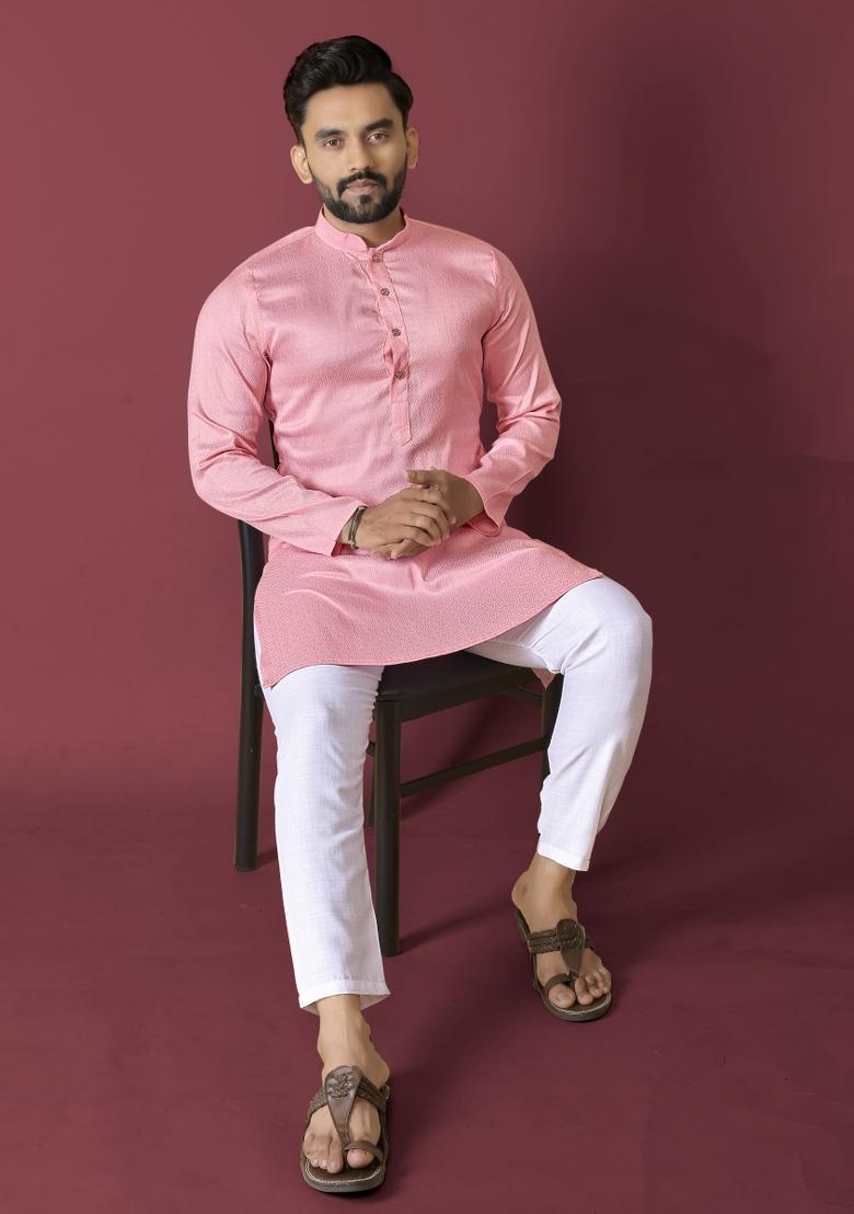 Pink Self Jequard Design Silk Kurta Pajama Set For Men