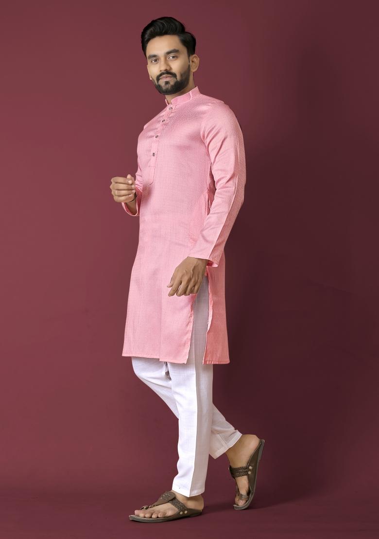Pink Self Jequard Design Silk Kurta Pajama Set For Men