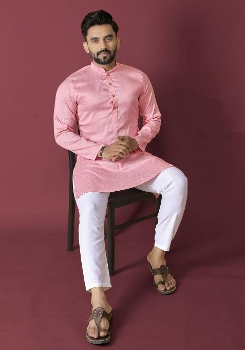 Pink Self Jequard Design Silk Kurta Pajama Set For Men