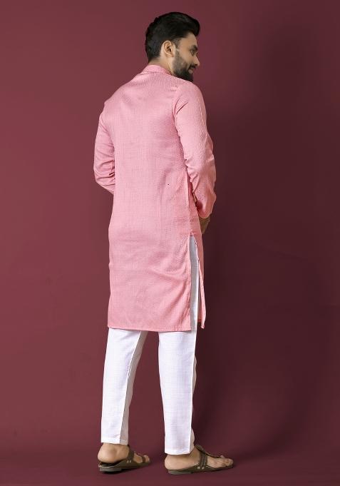 Pink Self Jequard Design Silk Kurta Pajama Set For Men