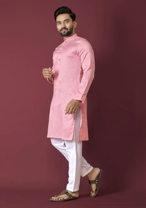 Pink Self Jequard Design Silk Kurta Pajama Set For Men